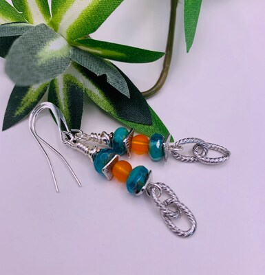 Turquoise Aqua and Orange Dangle Earrings, Fire Polished Aqua and Beach Glass Orange Earrings, Matte Orange and Turquoise Aqua Earrings - image2